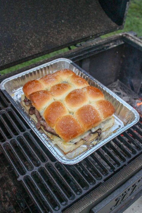 Steak and Cheese Sliders Steak And Cheese Sliders, Steak And Cheese, Over The Fire Cooking, Cheesesteak Sliders, Creamy Horseradish Sauce, Cheese Sliders, Beef Sliders, Fire Food, Horseradish Sauce