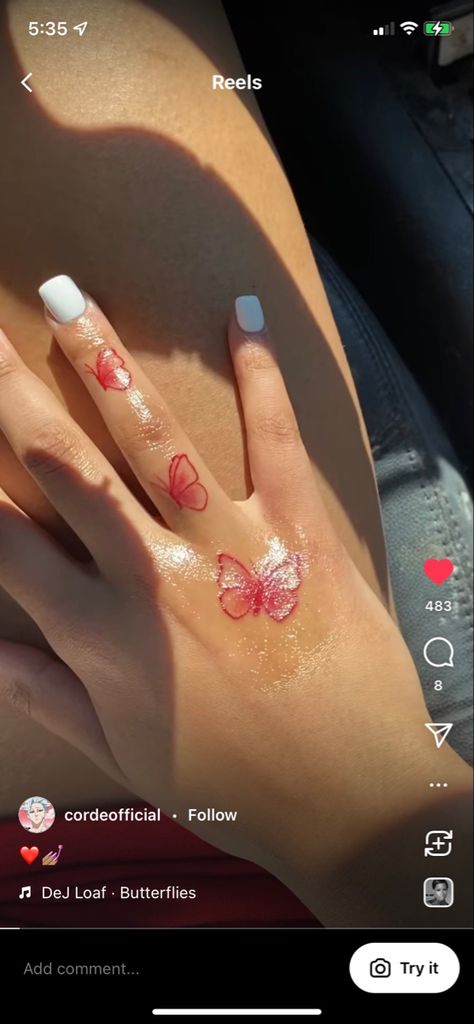 Small Image Tattoos, Hand Tattoos On Women, Two Inch Tattoo, Small Hand Tats For Women, Cute Waist Tattoos, Red Skeleton Hand Tattoo, Hand Tattoos For Women Red, Elegant Tattoo Ideas For Women, Lil Tattoos Ideas Simple