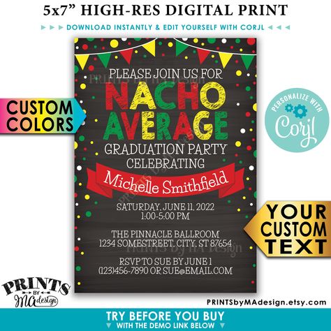 Nacho Average Graduation Party Invitation, Taco Fiesta, Graduate, PRINTABLE 5x7" Chalkboard Style Grad Invite <Edit Yourself with Corjl> Retirement Party Invitations, Grad Invitations, Graduation Party Invitation, Chalkboard Style, Retirement Party, Graduation Party Invitations, Retirement Parties, Grad Party, Google Chrome