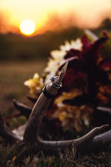 I Loved the feel of this rustic Fall wedding! The deer antlers from their first buck they bagged together; now holding their wedding rings! Wedding Centerpieces With Deer Antlers, Deer Antler Wedding Arch, Hunter Wedding Ideas, Deer Antler Wedding Decor, Hunting Wedding Ideas, Antler Wedding Decor, Hunting Wedding Theme, Hunters Wedding, Deer Antler Wedding