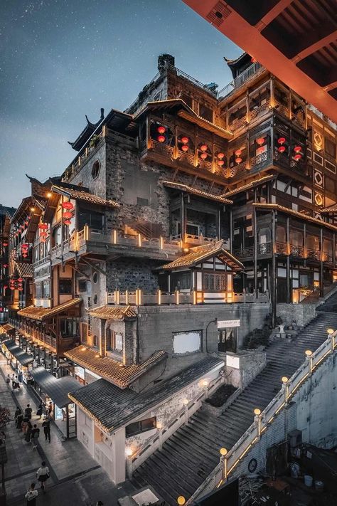 Aesthetic picture of Chongqing, China. Discover more photos of Jordan Hammond with On The Road Again Chinese Background, Chongqing China, Environment Painting, Asian Architecture, Chongqing, Scene Design, China Travel, Traditional Architecture, Environment Concept Art