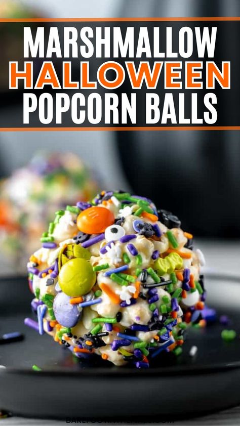 Looking for fun marshmallow Halloween popcorn ball ideas? This easy no-bake Halloween recipe is made with popcorn, mini marshmallows, and ghostly candies. It's the perfect Halloween kids treat to create and decorate." Marshmallow Halloween Treats, Halloween Popcorn Balls Recipe, Popcorn Balls Recipe Easy, Marshmallow Popcorn Balls, Halloween Popcorn Balls, Marshmallow Halloween, Popcorn Ball, Popcorn Balls Recipe, Popcorn Recipes Easy