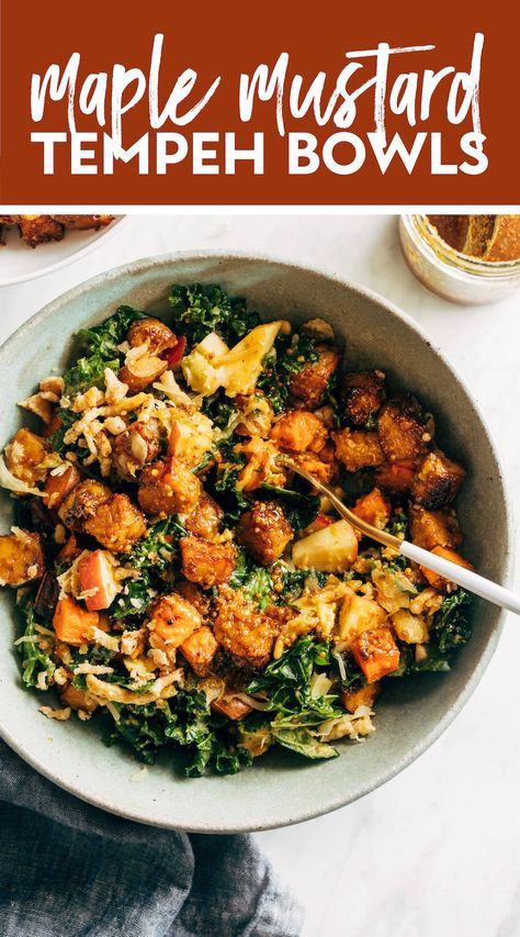 Mustard Tempeh, Tempeh Bowl, Red Curry Lentils, Vegan Bowl Recipes, Vegan Tempeh, Marinated Tempeh, Quinoa Sweet Potato, Massaged Kale, Tempeh Recipes