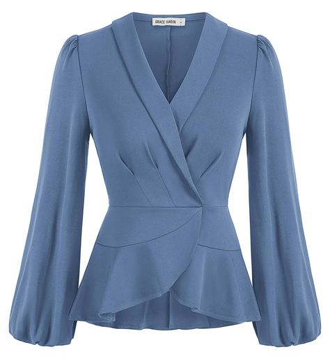 PRICES MAY VARY. 【Unique Feature】This womens formal Top features shawl collar, wrap v neck, long lantern sleeves with elastic cuffs, solid color, slim fit, irregular wrap hem, peplum tops, brings a novel and chic look. Stretchy material makes it suitable for various body types. 【Elegant Tops】Stylish and elegant peplum tops for women show women's sexy waist line and curve. Stretchy fabric makes it a comfortable top layer for transition weather. 【Multi Occasions】This womens wrap top absolutely is Formal Top For Women, Long Sleeve Wrap Top Outfit, V Neck Tops For Women, Peplum Tops For Women, Formal Tops For Women, Long Cuff Sleeves, Tops Stylish, Formal Top, Elegant Tops