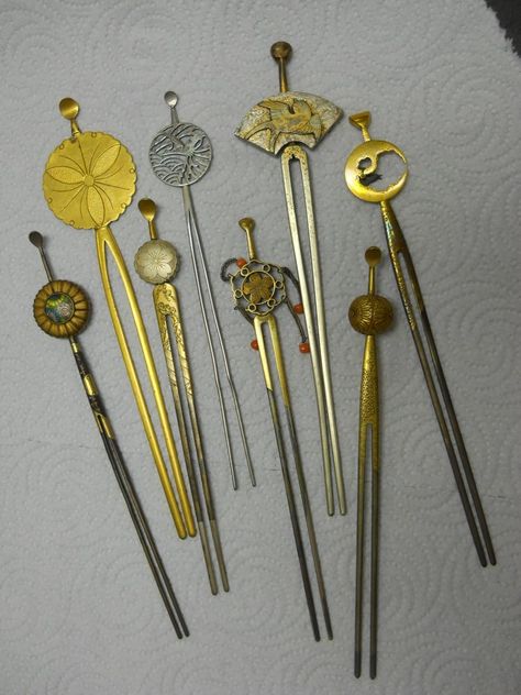 Eight Assorted Two-prong Metal Kanzashi   Hairpins Japanese Hairpin, Ancient Japanese Jewelry, Kanzashi Hairpin, Japanese Hair Pins, Japanese Hair Stick, Japanese Hair Pins Sticks, Traditional Japanese Hairpin, Traditional Chinese Hairpin, Japanese Hair Traditional Ornaments