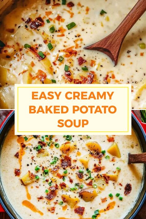 This pin features a delicious creamy baked potato soup, showcasing the rich and warming flavors with crispy bacon and melted cheese. Enjoy the perfect comforting bowl from two appealing visuals. Potato Soup Dutch Oven Recipes, Panera Potato Soup Recipe, Baked Potato Soup Stovetop, Potato Soup Recipes, Chicken Mac And Cheese Recipe, Baked Potato Soup Easy, Potatoes Crispy, Potato Soup Easy, Loaded Baked Potato Soup