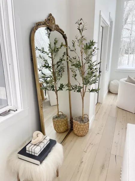 HOME \ living room decor details: floor mirror styled with a new faux olive tree setup for the perfect, neutral modern farmhouse space. | SBK Living Mirror Floor, Long Mirror, Tall Mirror, Silver Walls, Minimal Wall, Standing Mirror, Affordable Home Decor, Office Inspiration, Mirror Designs