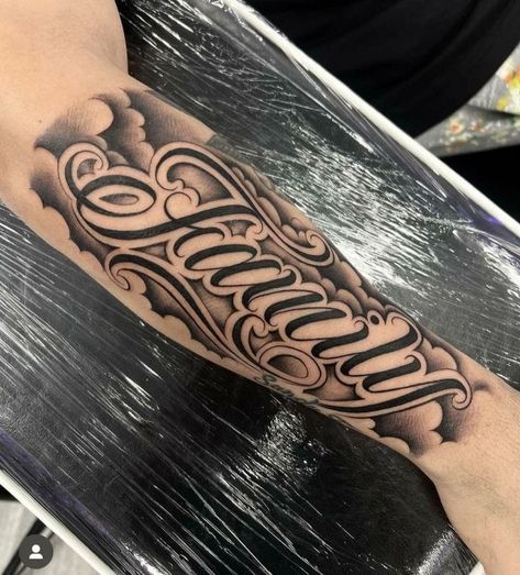 Four Arm Tattoo For Men, Inner Bicep Name Tattoo Men, Rip Tattoos For Women Forearm, Mexican Font Tattoo, Self Made Tattoo Design, Strength Word Tattoo, Name Tattoo Designs For Men Fonts, Last Name Tattoos For Men On Forearm, Loyalty Tattoo For Men