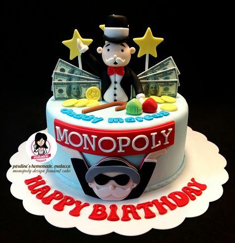 Monopoly design fondant cake  #paulineshomemademalacca Monopoly Cake Ideas, Monopoly Cake, Birthday Cake Awesome, Monopoly Night, Monopoly Birthday, Games Cake, Monopoly Party, Birthday Baking, Unique Birthday Cakes