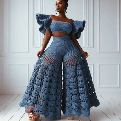 CROCHET PATTERNS AND INSPIRATION | Denim themed crochet❤️😘 #crochetdenim #crochetdenimpants #crochetdenimtops #crochetpantsuits #aiart #aiartwork #aiartcommunity… | Instagram Denim Crochet, Crochet Wear, Crochet Outfit, Handmade Skirts, Crochet Skirts, Crochet Inspo, Ropa Diy, Crochet Top Pattern, African Dresses For Women