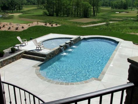 Fiberglass pool at golf course. Need a great pool for your business? Browse all our options online. /browse-pools-spas/pool-types/fiberglass-pools/ Anthony Sylvan Pools, Inground Pool Designs, Geometric Pool, Living Pool, Swimming Pool Photos, Fiberglass Pool, Fiberglass Swimming Pools, Swimming Pool Landscaping, Pool Shapes