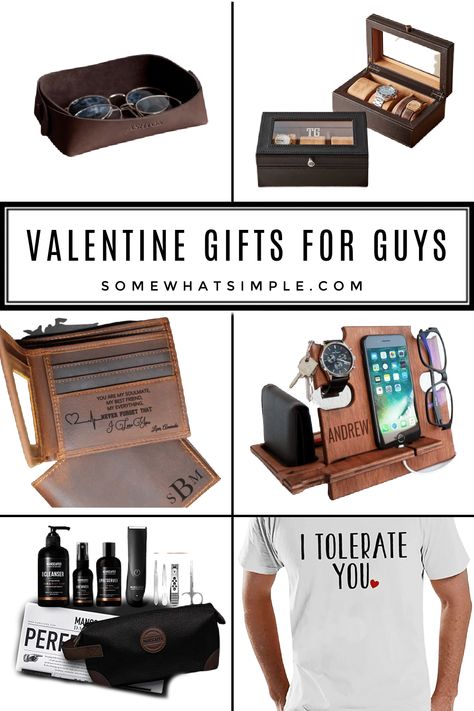 Whether you're looking for gifts that are easy, funny or thoughtful, here's a list of our favorite Valentine Gifts for him that he is sure to LOVE! via @somewhatsimple Valentine Gifts For Him, Romance Gifts, Valentine's Day Gifts For Him, Creative Holiday Gifts, Personalised Wooden Gifts, Valentines Gift Bags, Gifts For Guys, Best Valentine Gift, Mens Valentines Gifts