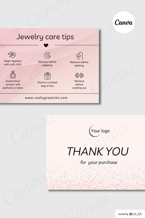 Pink Minimalist Aesthetic Jewelry Care Instru Bracelet Business Card, Tag Line For Jewellery Business, Canva Jewelry Template, Thank You Card Jewellery Business, Aesthetic Thank You Card Ideas, Aesthetic Packaging Ideas For Jewelry, Thank You Card For Jewelry Business, Jewellery Care Tips Card, Logos For Jewelry Business