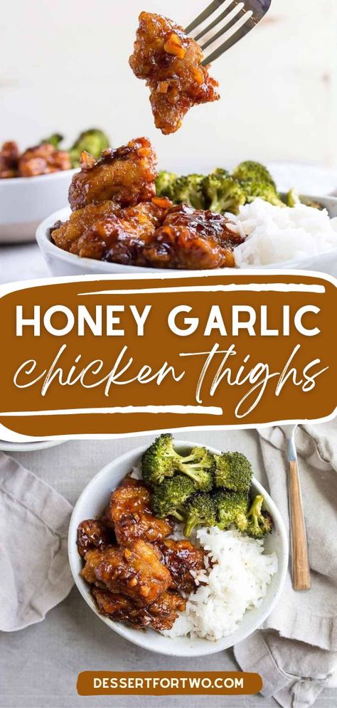 Find yourself craving these crispy fried chicken thighs again and again! Baked in a sweet and sticky honey garlic sauce, this chicken dinner recipe will become one of your favorites. Plus, it's an easy meal for two on a sheet pan! Fried Chicken Thigh Recipes, Easy Turkey Recipes Thanksgiving, Pan Fried Chicken Thighs, Fried Chicken Thighs, Honey Baked Chicken, Garlic Chicken Thighs, Chicken Thigh Recipe, Honey Garlic Chicken Thighs, Recipe Using Chicken