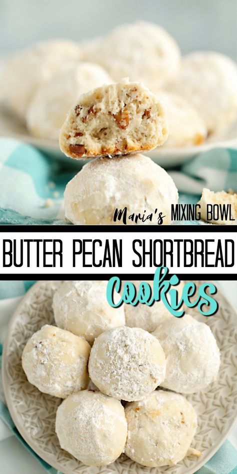 These Butter Pecan Snowball Cookies are melt in your mouth amazing! These cookies are a favorite at Christmas but are scrumptious all year long. #easyshortbread #shortbreadrecipe Butter Pecan Shortbread, Butter Ball Cookies Recipe, Pecan Balls, Snowballs Recipe, Pecan Snowballs, Pecan Snowball Cookies, Pecan Shortbread Cookies, Pecan Shortbread, Snowball Cookie Recipe