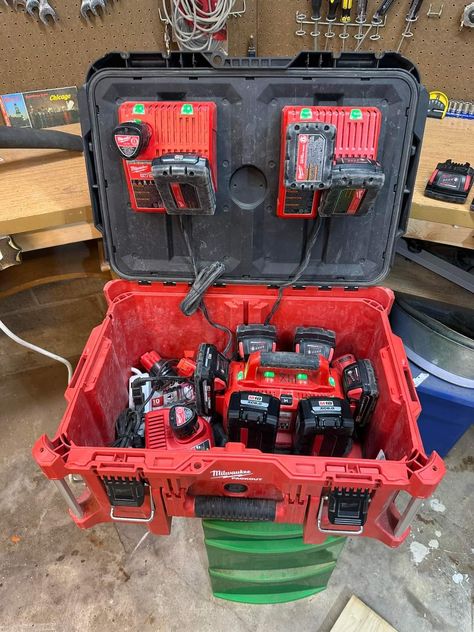 Pickup Tool Box Organization, Milwaukee Tool Box Ideas, Milwaukee Packout Wrench Storage, Milwaukee Battery Charging Station, Milwaukee Tools Storage Charging, Milwaukee Battery Holder, Work Truck Organization, Milwaukee Tool Box, Work Truck Storage