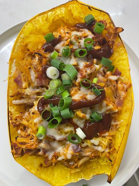 BBQ Chicken Spaghetti Squash - Taylor Likes Bbq Chicken Spaghetti, Spiced Cashews, Bbq Sauce Chicken, Dessert Restaurants, Bacon And Cheese, Chicken Caesar Salad, Chicken Spaghetti Squash, Salad Sauce, Tuscan Chicken