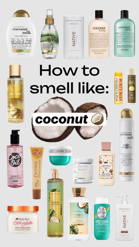 How to smell like coconut 🥥 🌴 #coconut #coconutgirl #coconutvibes #howtosmelllikecoconut #howtosmelllikeseries #preppy Coconut Milk Skin Care, Coconut Body Care Routine, Hygiene Products Coconut, Coconut Sent Products, Coconut Sent Aesthetic, Coconut Hair Products, Smell Like Vanilla And Coconut, Coconut Beauty Products, Coconut Self Care