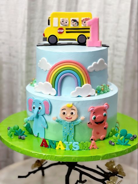 1 Year Birthday Cake 2 Tier, Cocomelon Theme Cake, Cocomelon Birthday Cake, Cocomelon Cake, Baby Cake Design, Bus Cake, Birthday Cake Tutorial, Cake Designs For Girl, Second Birthday Cakes