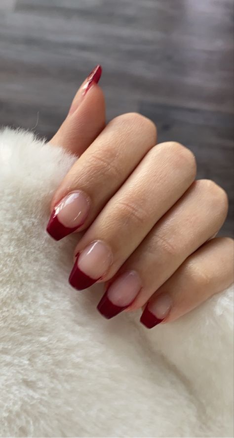 Red nails, nail inspo, french nails, aesthetic nails, red aesthetic, fall nails, nail art, nail aesthetic. Coffin Red Tip Nails, French Dark Red Nails, Deep Red French Tip Nails Coffin, Dark Red Tips Nail, Red Deep French Tip Nails, Dark Red French Tip Nails Coffin, Dark Cherry Red Nails French Tip, Red French Tip Coffin, Dark Red French Tips