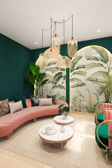 Pink Green Gold Living Room, Pink And Green Spa Room, Pink And Gold Interior Design, Boutique Living Room, Tropical Glam Living Room, Pink And Gold Living Room Ideas, Emerald Green And Pink Living Room, Dark Green And Pink Living Room, Green And Pink Living Room Ideas