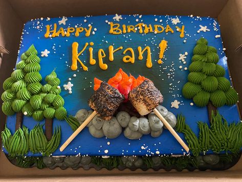 Camping Sheet Cake, Camping Cake, Camping Cakes, Birthday Sheet Cakes, Girl Cakes, Sheet Cake, Themed Cakes, Campfire, Sugar Cookies