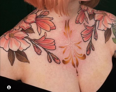 Floral Chest Piece Tattoo Female, Colorful Chest Tattoo, Suits Tattoo, Floral Chest Tattoo, Neo Traditional Chest Tattoo, Traditional Chest Tattoo, Nature Tattoo Sleeve, Tatoo Inspiration, Pink Tattoo