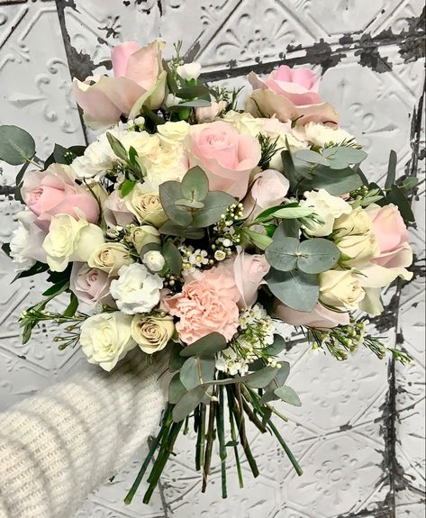 Light Pink Roses, Eucalyptus Bouquet, Classy Prom, November Wedding, White Bridal Bouquet, Classy Prom Dresses, Roses White, Light Pink Rose, Pink Carnations