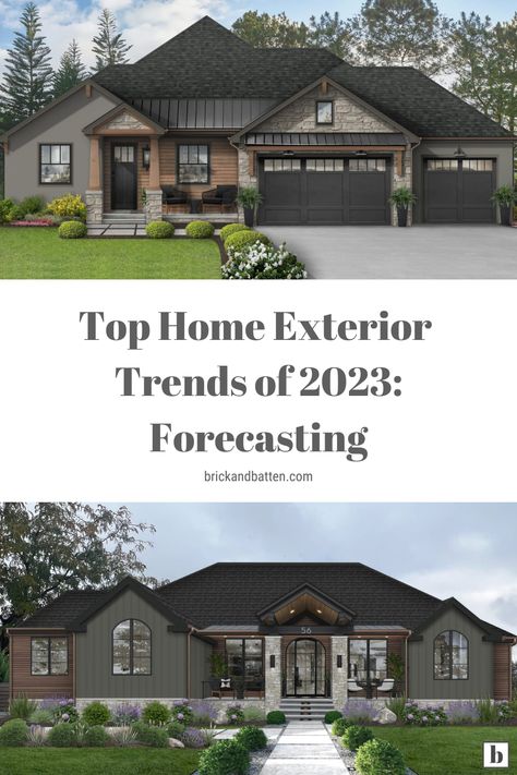 2023 Shutter Trends, Exterior House Coverings, 2023 Exterior Home Colors, Trending Garage Doors, New Exterior Home Trends, Exterior House Upgrades, Exterior House Color Trend 2023, Garage Door Trends 2023, Craftsman Style Ranch Homes Exterior