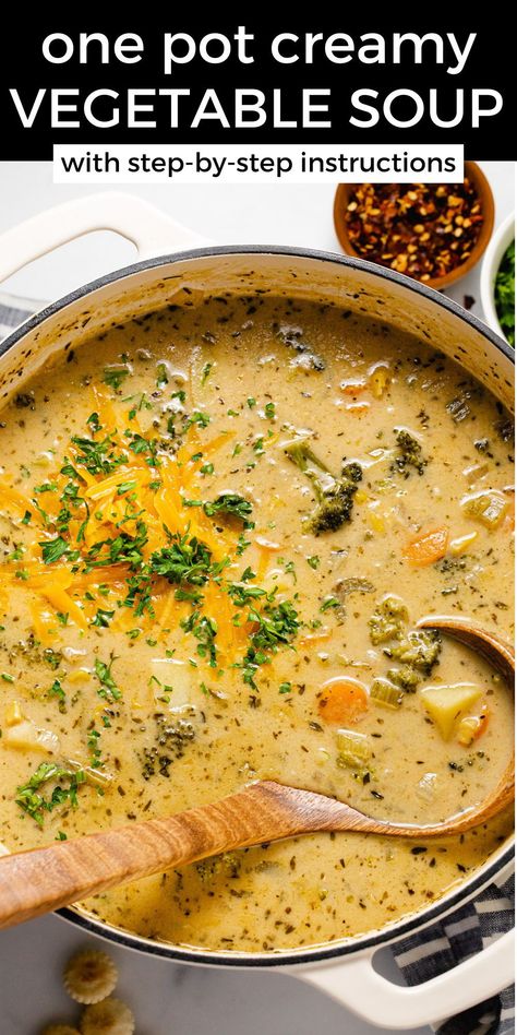 This creamy vegetable soup can be made in just over 30 minutes and everything cooks together all in one pot for a quick and easy weeknight dinner that your family will love! Switch up the veggies to suit your taste or use it as a "clean out the fridge" meal to get rid of leftovers and odds and ends! Creamy Veggie Soup, Cream Of Vegetable Soup, Creamy Vegetable Soup, Veggie Soup Recipes, Roasted Vegetable Soup, Veg Soup, Easy Veggie, Vegetable Soup Recipes, Veggie Soup