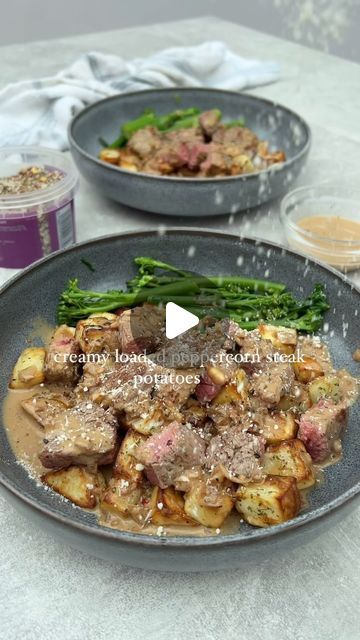 Alex Hughes | Fitness & Food on Instagram: "Creamy peppercorn steak loaded crispy potatoes 😮‍💨

These were dreamy AF. Full of flavour and as always such a quick and easy recipe to throw together 🤤

469 calories and 32g protein per portion ✅ 

For more easy recipes like this shop my recipe ebook through the link in my bio 💗

Ingredients (serves 2): 
500g maris potatoes peeled 
Tsp dried parsley
1/2 tsp dried rosemary 
Salt 
Pepper 
200g rump steak
Tbsp Worcestershire sauce 
Diced white onion
1.5 tsp crushed peppercorns (if sensitive to spice start with less and taste as you go and increase) 
1/2 tsp grated garlic 
100ml beef stock 
100ml reduced fat single cream 
15g grated parmesan

💗Dice the potatoes into small cubes. Pat dry before seasoning with the parsley, rosemary along with sal Peppercorn Steak, Creamy Peppercorn Sauce, Steak Dinners, Rosemary Salt, Garlic Steak, Steak Potatoes, Rump Steak, Dried Rosemary, Peppercorn Sauce