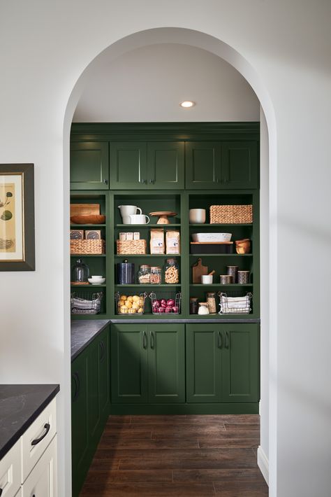 Foxhall Green sets the tone for your perfectly organized pantry to pop! It's a great accent to the rest of the space and personalizes your kitchen as your own. Planning the perfect space will help keep you motivated to keep those cabinets organized! Foxhall Green, Diamond Cabinets, Top Kitchen Trends, Kitchen Cabinet Samples, Maple Kitchen Cabinets, Perfect Pantry, Maple Kitchen, Cabinet Paint Colors, All White Kitchen