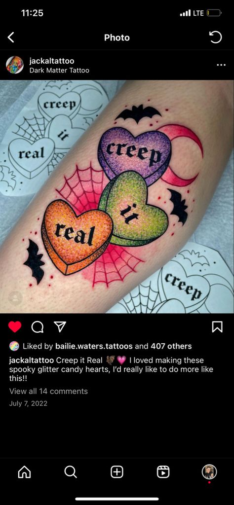 Spooky Candy Tattoo, Glitter Heart Tattoo, Conversation Hearts Tattoo, Pastel Goth Tattoo Ideas, Halloween Candy Tattoo, Heart Frame Tattoo, Conversation Heart Tattoo, Candy Heart Tattoo, Boss Tattoo