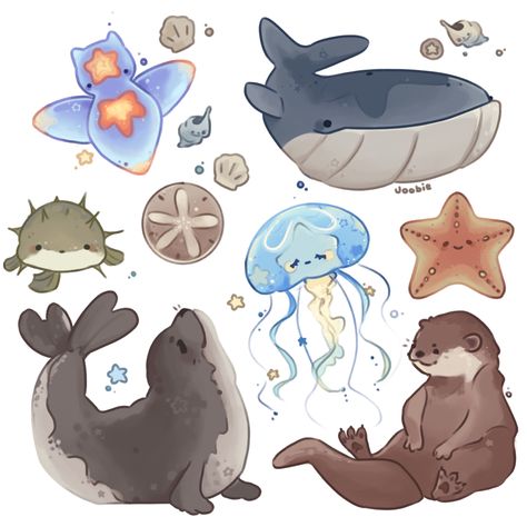 #seaangel #seal #otter #starfish #bluewhale #seacreatures #jellyfish #doodles #pufferfish Starfish Drawing Aesthetic, Cute Sea Otter Drawings, Jellyfish Drawing Digital, Drawing Of Sea Creatures, Otter Art Illustration, Sea Animals Doodle, Seal Drawing Cute, Whale Illustration Cute, Underwater Animals Drawing