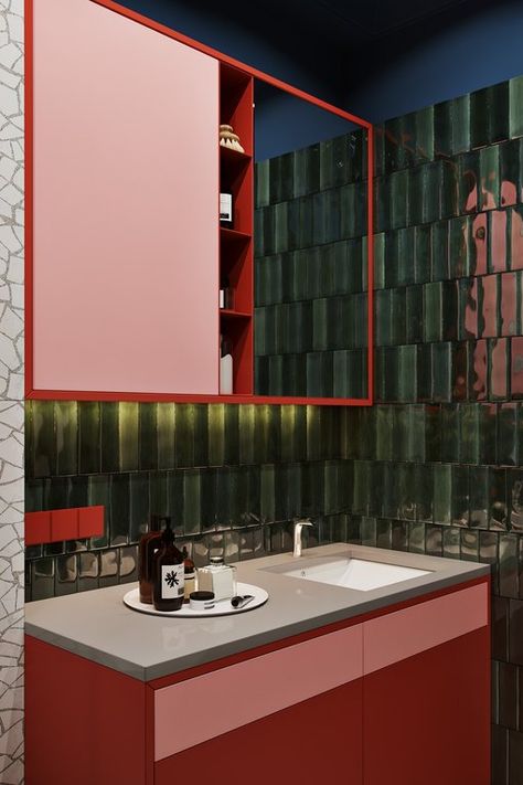 bathroom with red vanity cabinet and green textured tile walls Pink Wall Shelf, Red Interior Design, Red Backsplash, Modern Apartment Interior, Home Decor Green, Decor Color Palette, Hallway Flooring, Bathroom Red, Pink Tiles