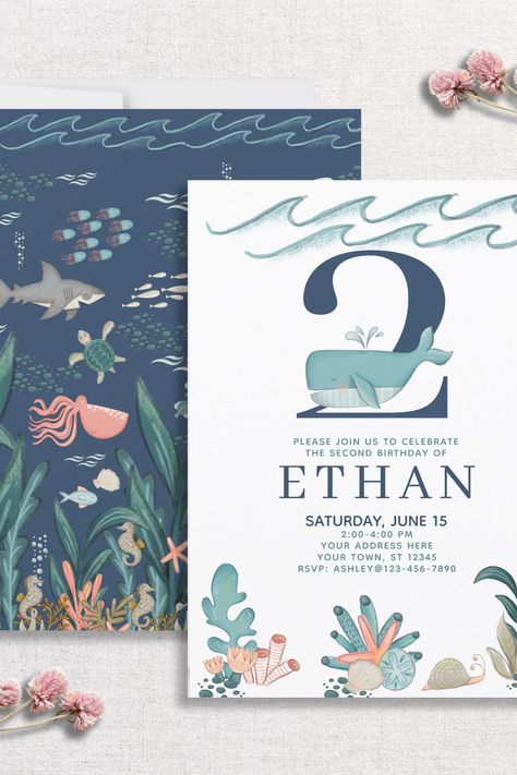 2nd Birthday Under the Sea Watercolor Whale Invitation Under The Sea Watercolor, 65th Birthday Invitations, Birthday Under The Sea, Whale Birthday, Sea Watercolor, 80th Birthday Invitations, Animals Watercolor, Watercolor Whale, Photo Birthday Invitations