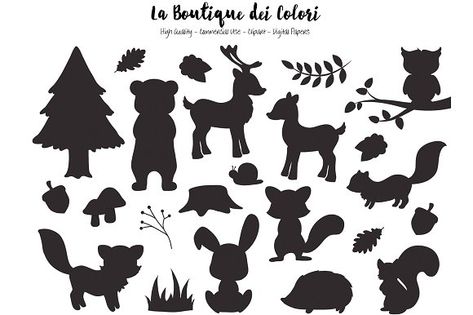 Silhouette Woodland Animal Clipart by La Boutique dei Colori on @creativemarket Animals Silhouette, Woodland Party Theme, Woodland Clipart, Clipart Animals, Cute Graphics, Printable Party Decorations, Image Svg, Batik Pattern, Animal Silhouette