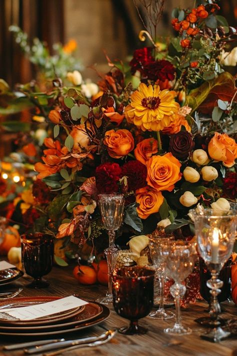 Add bold fall florals to your Thanksgiving decor for a vibrant and festive touch. #FallFlorals #ThanksgivingDecor #HolidayInspo Wedding Flower Arrangements Fall, Vintage Fall Decor, Thanksgiving Floral, Fall Flower Arrangements, Fall Florals, Fall Wedding Flowers, Flower Bomb, Flower Centerpieces Wedding, Diy Wedding Flowers