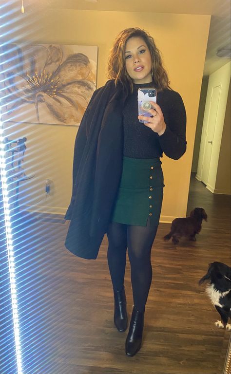 Hunter Green Skirt Outfit, Skirt Outfit For Winter, Green Turtleneck Outfit, Skirt With Black Tights, Emerald Green Skirt, Skirt Booties, Dark Green Blouse, Black Skirt Outfits, Green Turtleneck