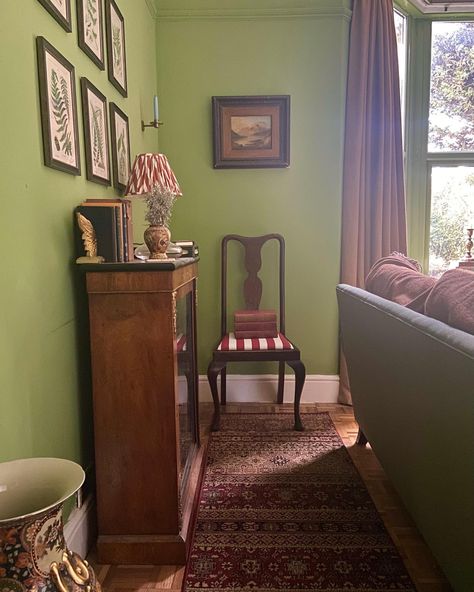 Yeabridge Green Farrow And Ball, Pale Green Living Room, Yeabridge Green, Irish Bedroom, Upholstered Antique Chairs, Living Room Red, Farrow And Ball, Green Walls, Deep Winter