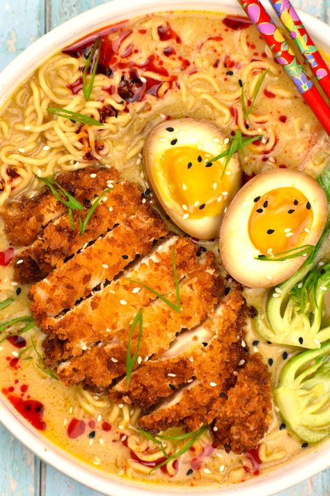 This easy Miso Ramen with Chicken Katsu recipe features rich, savory flavors and a variety of comforting textures. Perfect when you want a cozy bowl to warm up to. Spicy Miso Chicken Katsu Ramen, Restaurant Ramen Recipe, Homemade Miso Ramen Broth, Tonkatsu Ramen Broth Recipe, Ramen With Pork Belly, Red Miso Ramen, Recipes With Red Miso Paste, Ramen Recipes Creamy, Peanut Miso Ramen