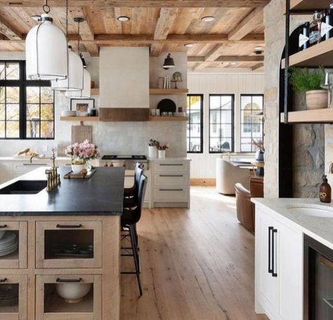 Kitchen Stone Wall, Joanna Gaines Kitchen, Lovely Interior, Gray Interiors, Warm Wood Flooring, Wood Kitchen Island, Modern Kitchen Island, White Cabinetry, Wood Ceilings