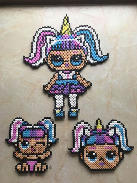 L.O.L Surprise | Perler bead art, Lol dolls, Perler bead patterns Lol Doll Perler Bead Patterns, Lol Perler Bead Patterns, Barbie Perler Bead Patterns, Hamma Beads Ideas, Melty Bead Patterns, Hama Beads Design, Perler Bead Templates, Perler Crafts, Hama Bead