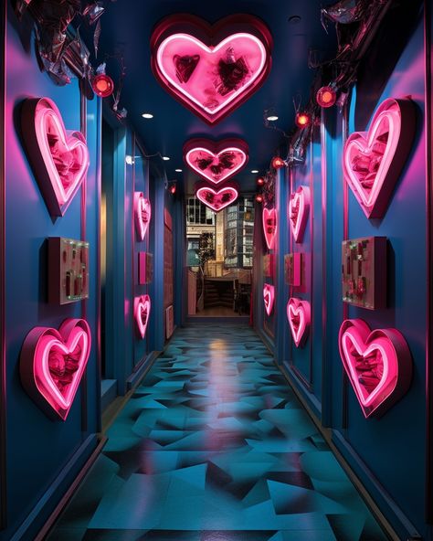 Find me in the heart-shaped streets 💕 . . . #ai #aiart #aiartcommunity #midjourney #discord Retro Set Design, Street Style Decor, Blue Castle, Tout Rose, Hearts Design, Neon Aesthetic, Cafe Shop, Neon Art, Music Covers