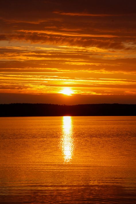 Intense sunset with orange glow over natural lake in Finland. Light reflections of sunset over water surrounded by hills Art Assessment, Moon Board, Water Sunset, Sunrise Lake, Ducks Unlimited, Orange Sunset, Lake Water, Water Reflections, Sunset Painting