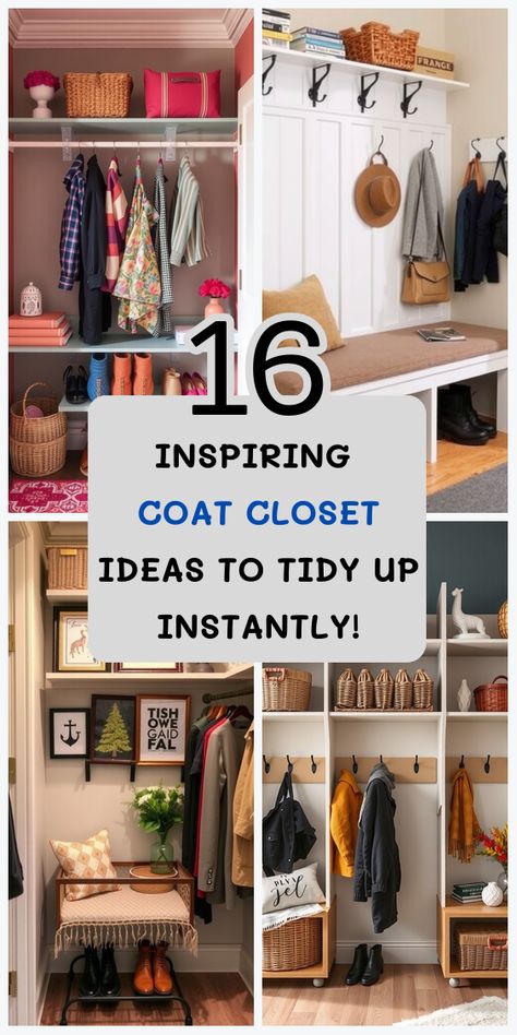 Discover 16 ways to maximize your coat closet with simple yet stylish upgrades that make it easier than ever to stay organized. Coat And Storage Closet Ideas, Foyer Closet Organization Ideas, Cost Closet Ideas, Organized Coat Closet Entryway, Converting Coat Closet To Storage, Entry Hall Closet Organization, Tall Coat Closet Organization, Creative Coat Storage, Doorless Coat Closet