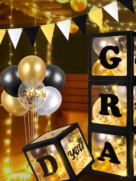 Grad Boxes, Graduation Party Colors, Graduation Box, Grad Banner, Black And Gold Balloons, Party Streamers, Balloon Box, Graduation Balloons, So Proud Of You