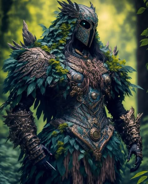 Forest Knight Fantasy Art, Tree Knight Art, Forest Kingdom Fantasy Art, Fey Armor, Nature Paladin, Druid Fantasy Art, Fae Knight, Druid Armor, Forest Knight