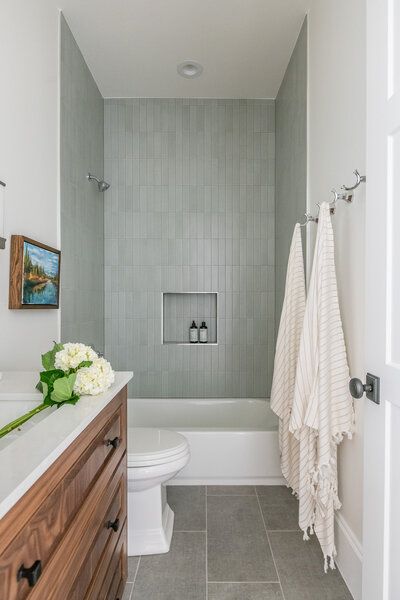 Canyon Terrace | Remedy Design Firm | Utah Interior Designer Bright Airy Kitchen, Yellow Kitchen Cabinets, Airy Kitchen, Hall Bathroom, Bathroom Shower Tile, Downstairs Bathroom, Basement Bathroom, Upstairs Bathrooms, Bathroom Renos