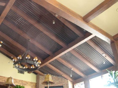 Metal Ceiling Ideas, Rustic Tin Ceilings, Corrugated Ceiling, Corrugated Metal Ceiling, Corrugated Tin Ceiling, Cement Pond, Metal Panel Ceiling, Low Ceiling Basement, Tin Ideas